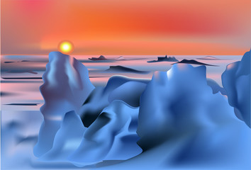 sunset in snow desert illustration