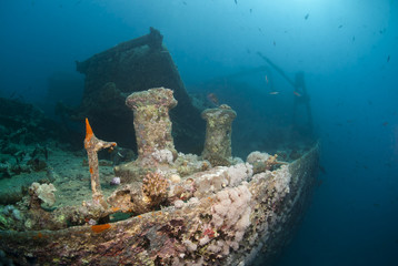 Side view of the shipwreck SS Thistlegorm. Red Sea, Egypt.