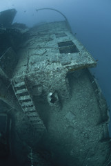 Gangway and ladder on the side of a shipwreck underwater.