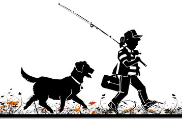 ilustracion de una niña con su perro, viniendo de pesca