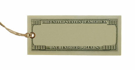 blank hundred dollars bank note and tag tied isolated