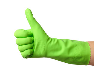 Hand wearing rubber glove shows thumb up sign