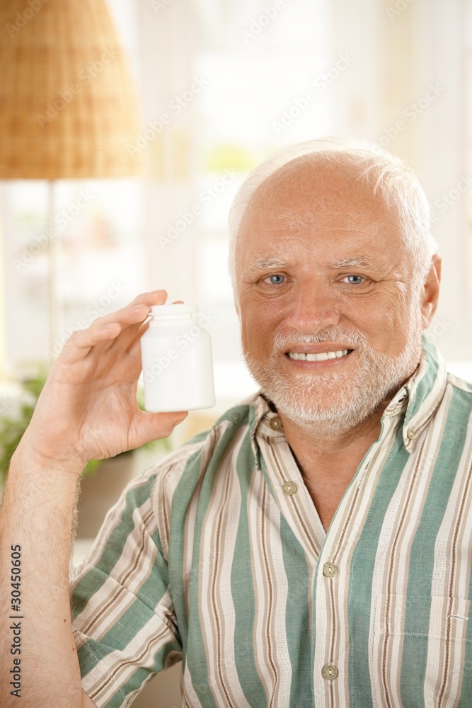 Sticker older man presenting medication