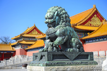 Fototapeta premium Detail in Forbidden City (Palace Museum) in China: bronze lion,