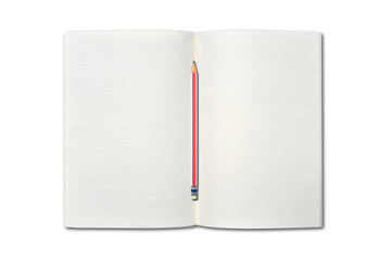 Blank open notebook and pencil on white background.
