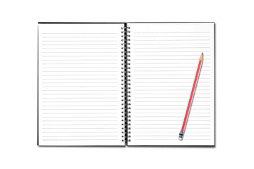 Blank open notebook and pencil on white background.