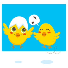 Two newborn chicks learning to fly and sing