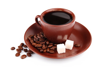 Cup of coffee with beans and lump sugar cubes