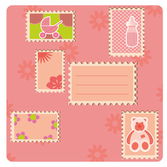Greeting pink card with many stamps.