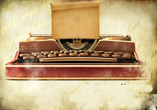 Old typewriter with a sheet of paper on retro background