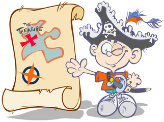 Cartoon pirate-boy with treasure map.