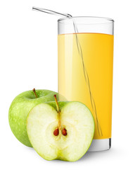 Isolated drink. Glass of apple juice and half of green apple fruit isolated on white background
