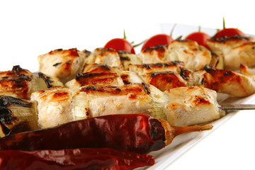 roasted chicken kebab on white