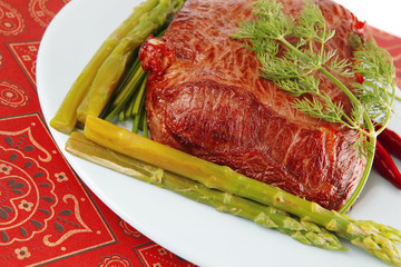 red beef chunk on blue