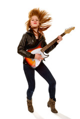 Fototapeta na wymiar Rocker Chick with Electric Guitar Tossing her Hair