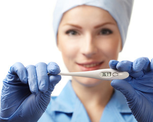 medical doctor with clinical thermometer