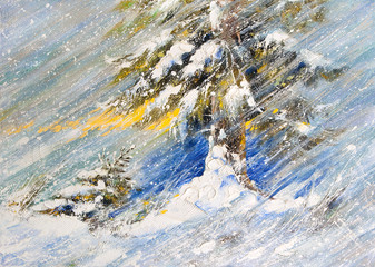 Fototapeta na wymiar Jodły w śniegu. Obraz rysowane przez olej