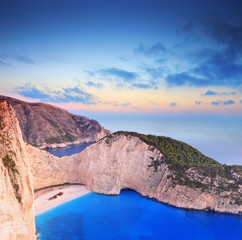 Panorama of Zakynthos island,Greece and a shipwreck on the beach