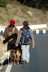 Hombres con sus perros caminando por la carretera