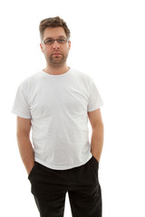 Unshaved man looking into camera over white background