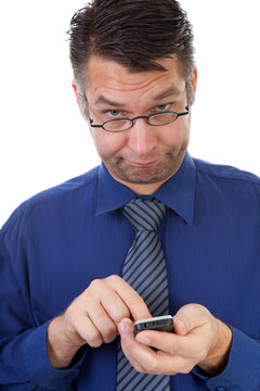 male nerdy geek understands nothing from his phone