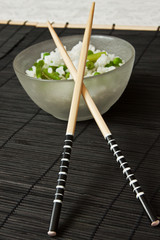 asian bowl with rice, pea and grean beans