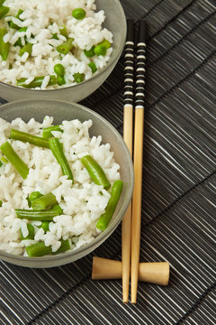 asian bowl with rice, pea and grean beans