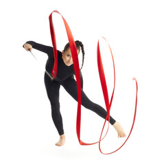 Gymnastic with ribbon posing on white