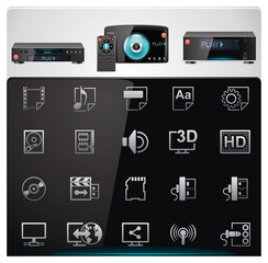 Vector video players features and specifications icon set