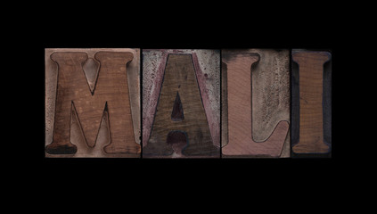 the word Mali in old letterpress wood type