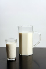 Glass full of milk and milk jar, healthy drink