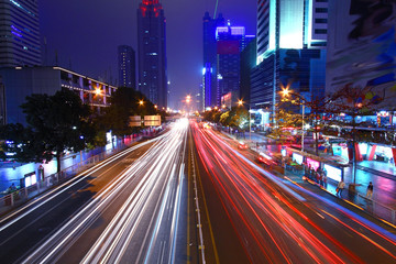 The light trails on the modern building in Shenzhen, China.