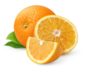 Isolated orange fruits. Cut oranges with leaves isolated on white background