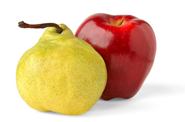 Red apple and yellow pear isolated on white background