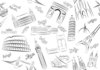 Wallpaper murals Doodle European sights. Seamless. Black and white.