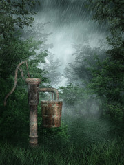 Fototapeta na wymiar Deszczowy las ze starą pompą