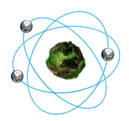 green atomis structure with blue orbitals