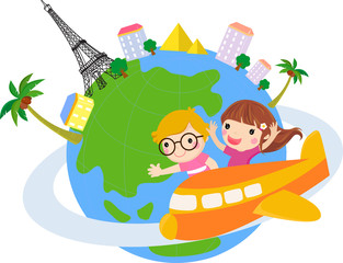 Boy and girl on a plane have travel