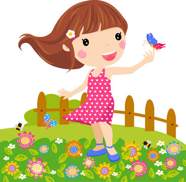 Illustration little girl and butterfly