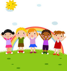Obraz na płótnie Canvas group of happy children in the park with rainbow