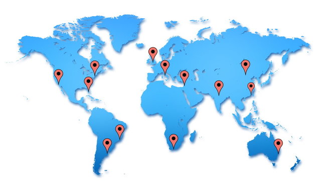 Blue planisphere with red pins