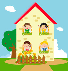 Obraz na płótnie Canvas Four children and a house