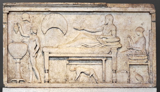 Funerary stele with banquet scene. Sculpture from attic period