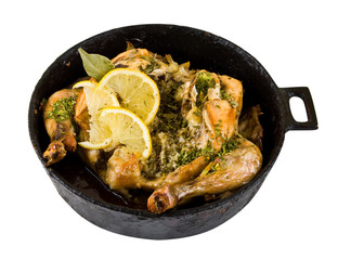 baked chicken in a pan with a white background