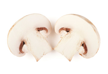 Two sliced champignon mushrooms on white backround