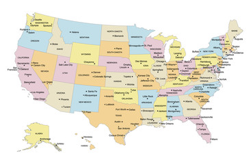 Obraz premium Mapa USA ze stolicami, głównymi miastami i etykietami