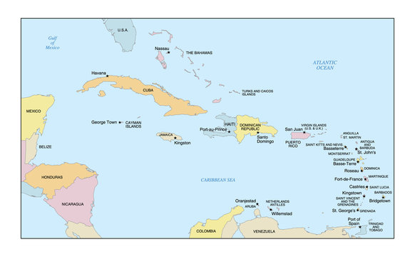 Caribbean Map with Countries, Capital Cities & Labels