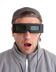 Surprised player with 3-D glasses