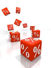 Symbols of percent on falling red cubes