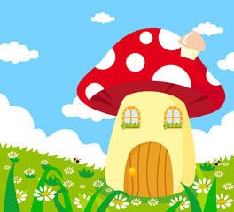 cartoon vector illustration of a mushroom house